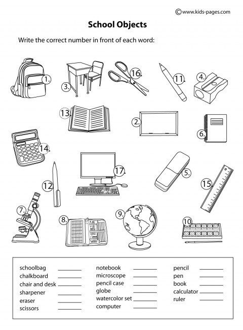 School Classroom Objects Worksheets