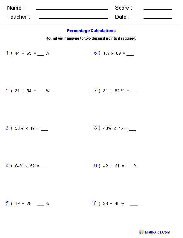 6th-Grade Percents Worksheets