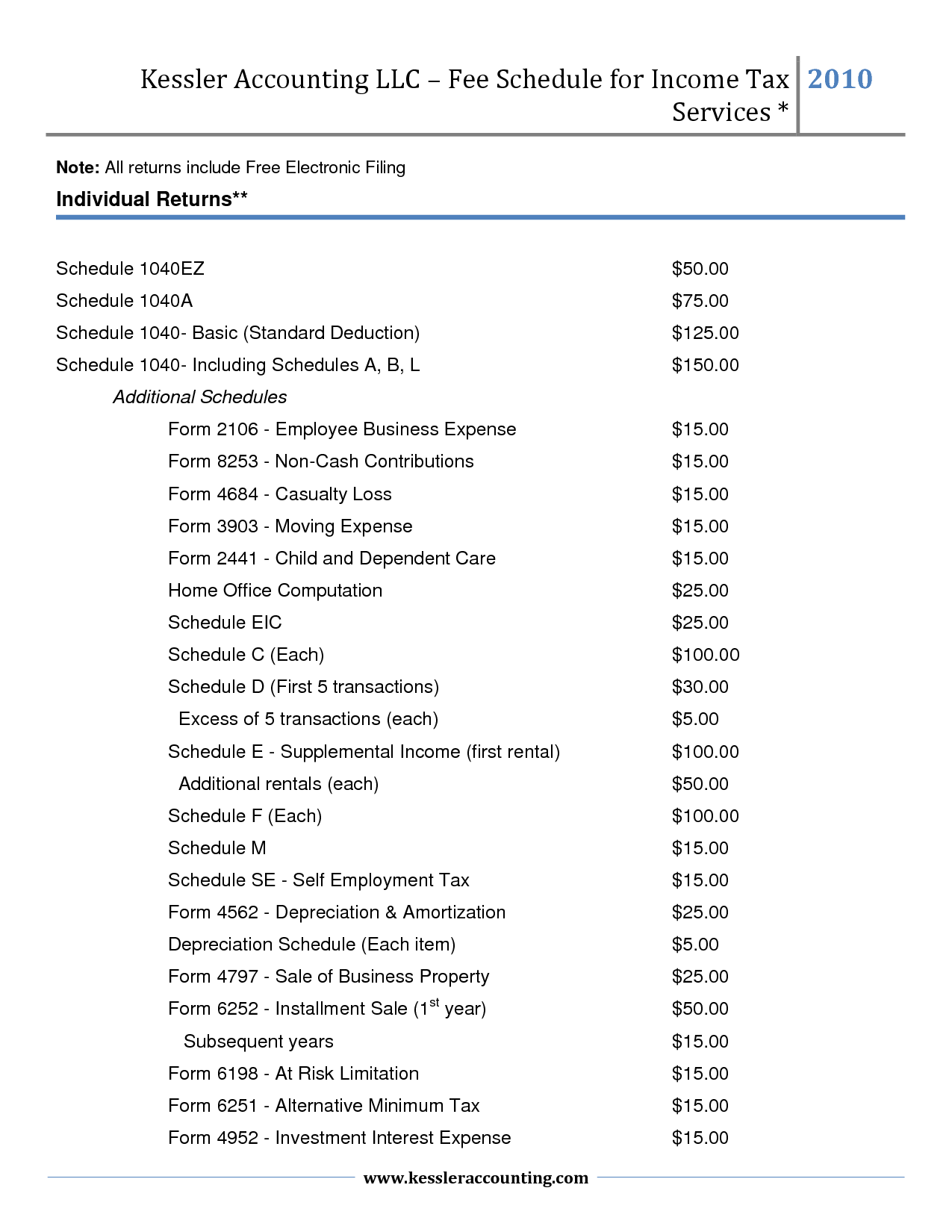 Accounting Services Fee Schedule