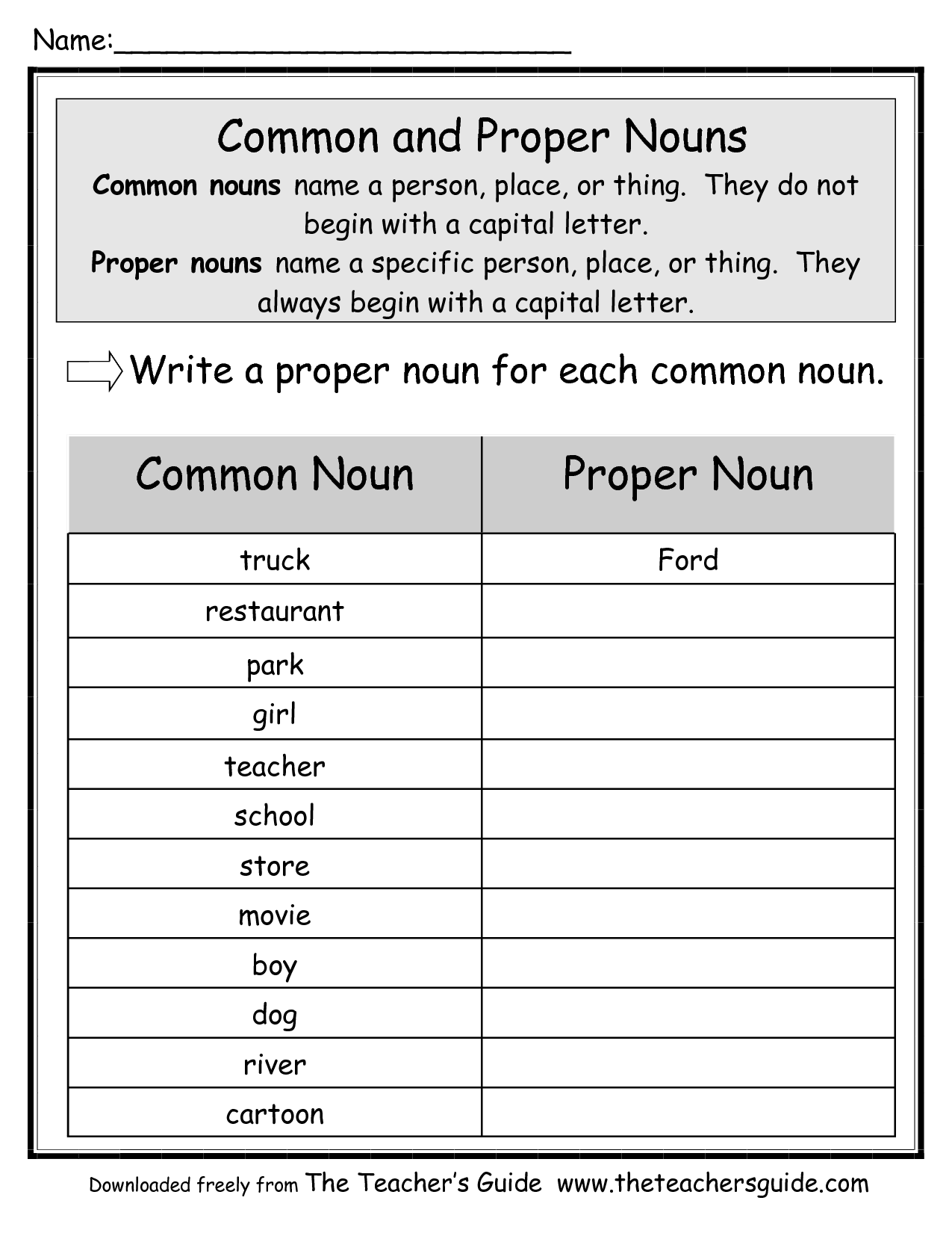 Common Noun And Proper Noun Worksheets For 5th Grade