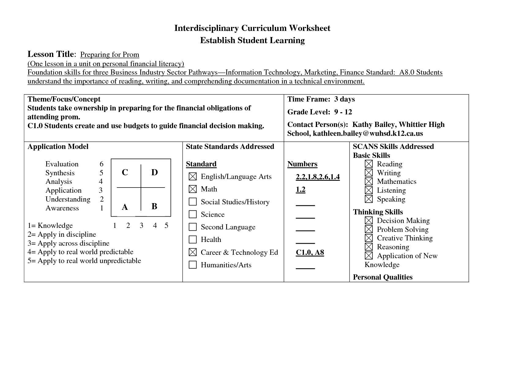 High School Personal Finance Worksheets