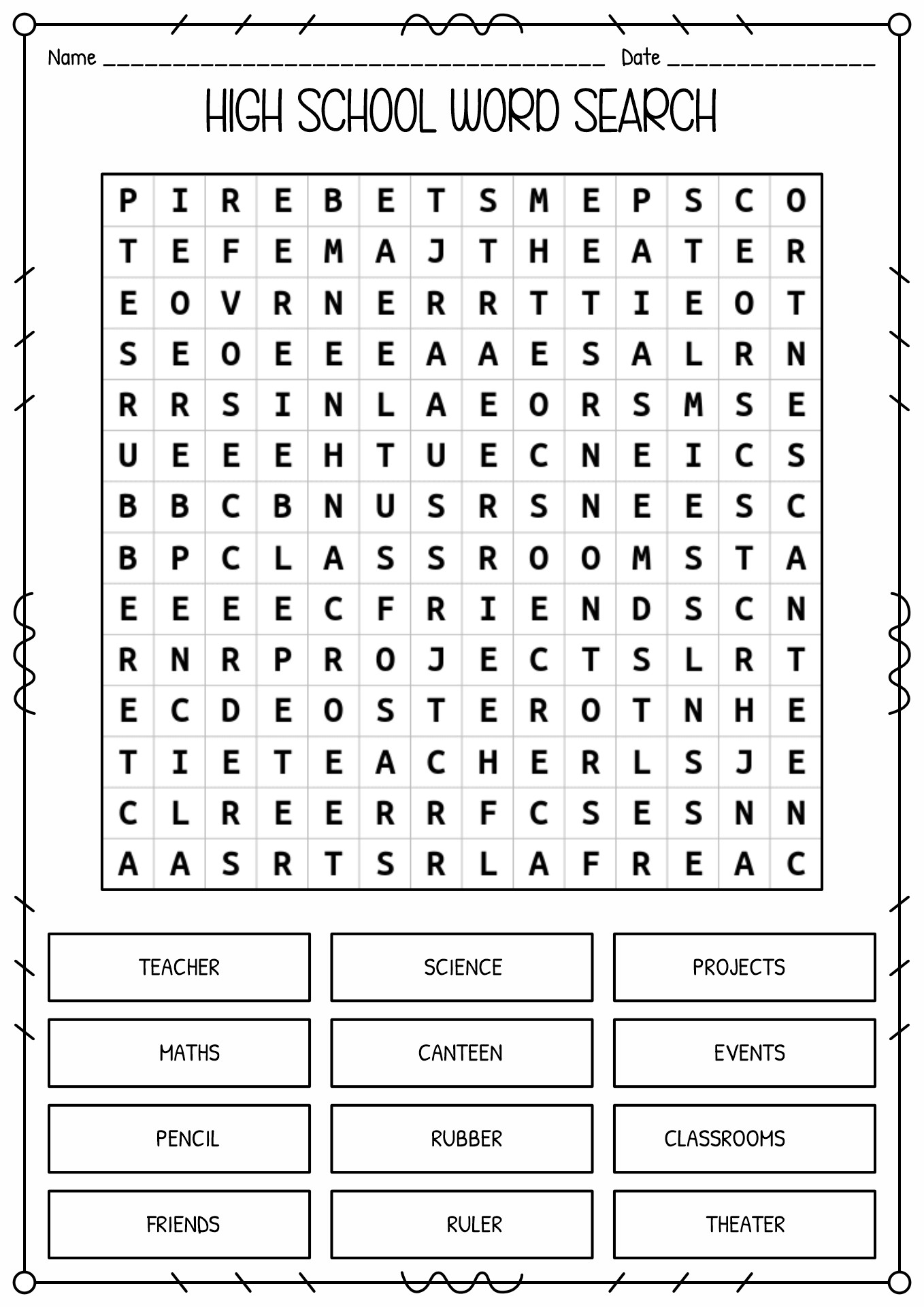 High School Word Search Worksheets