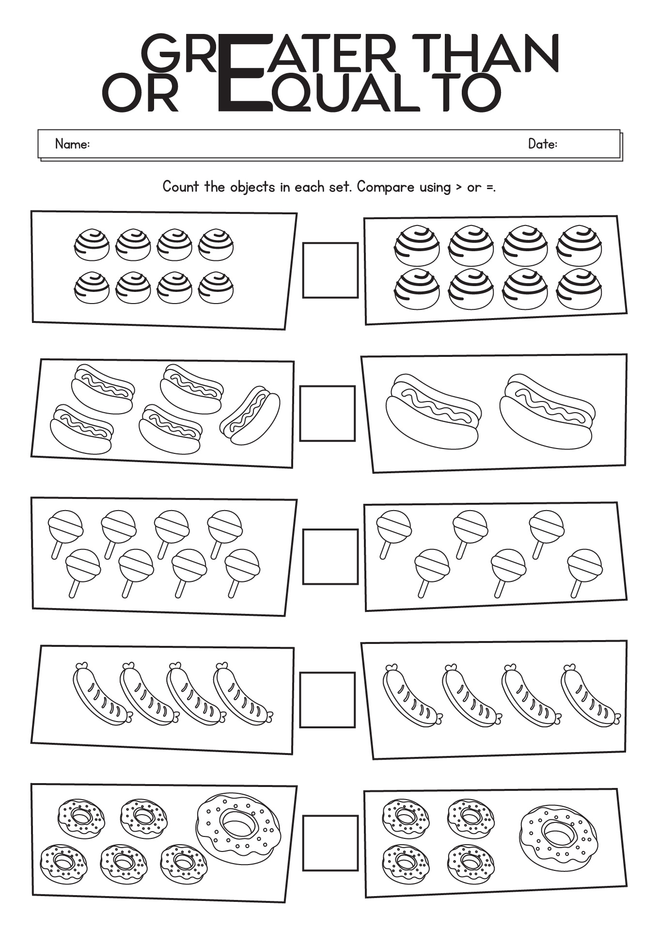 Kindergarten Worksheet Greater than or Equal To