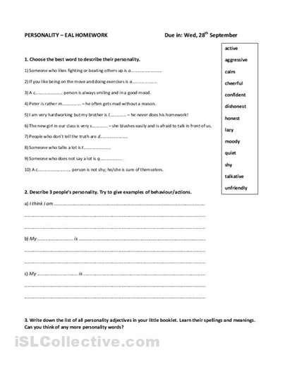 Personality Adjectives Worksheet