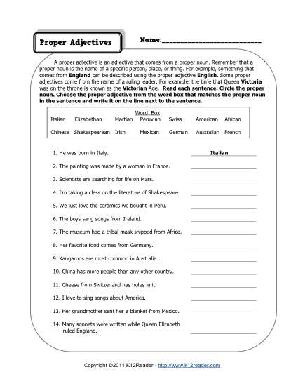 Proper Adjectives Worksheets for 3rd Grade