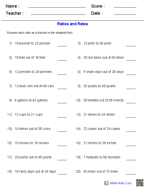 Ratios 6th Grade Math Word Problems Worksheet