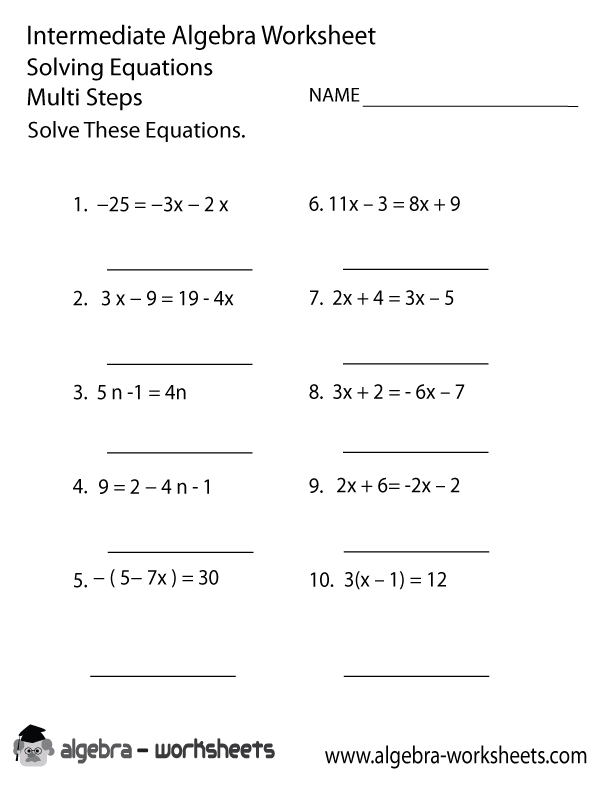 Solving Algebra Equations Worksheets Printable