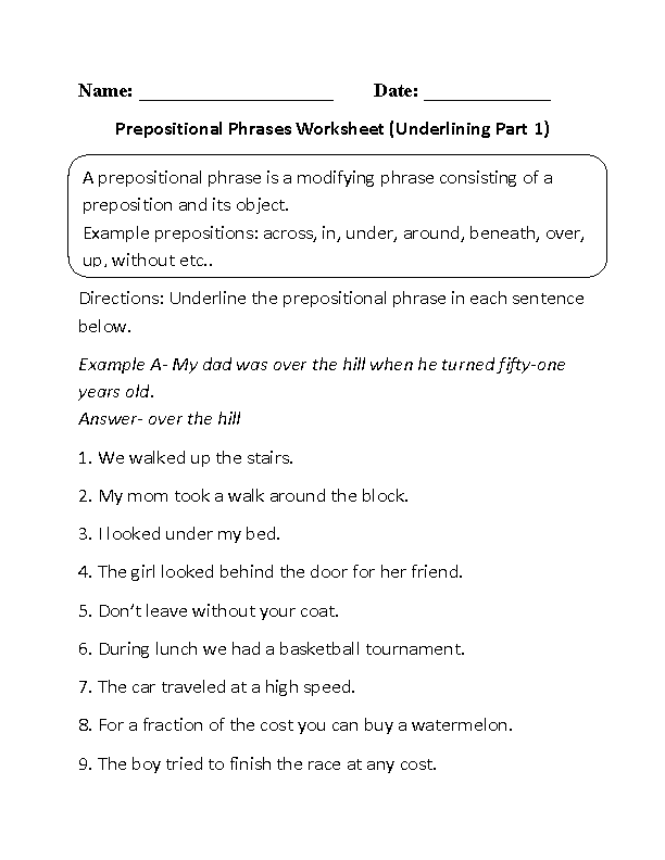 3rd Grade Preposition and Prepositional Phrases Worksheet