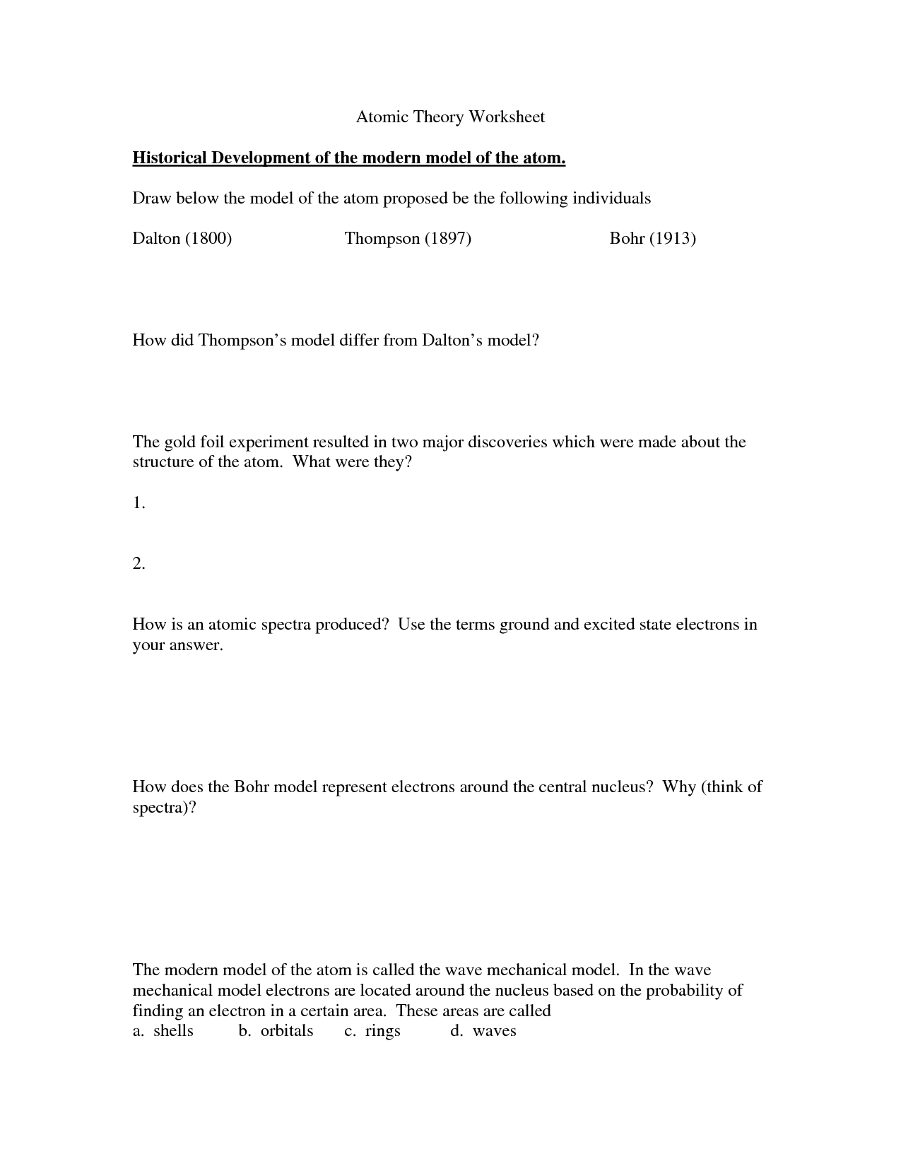 Bohr Atomic Models Worksheet Answers