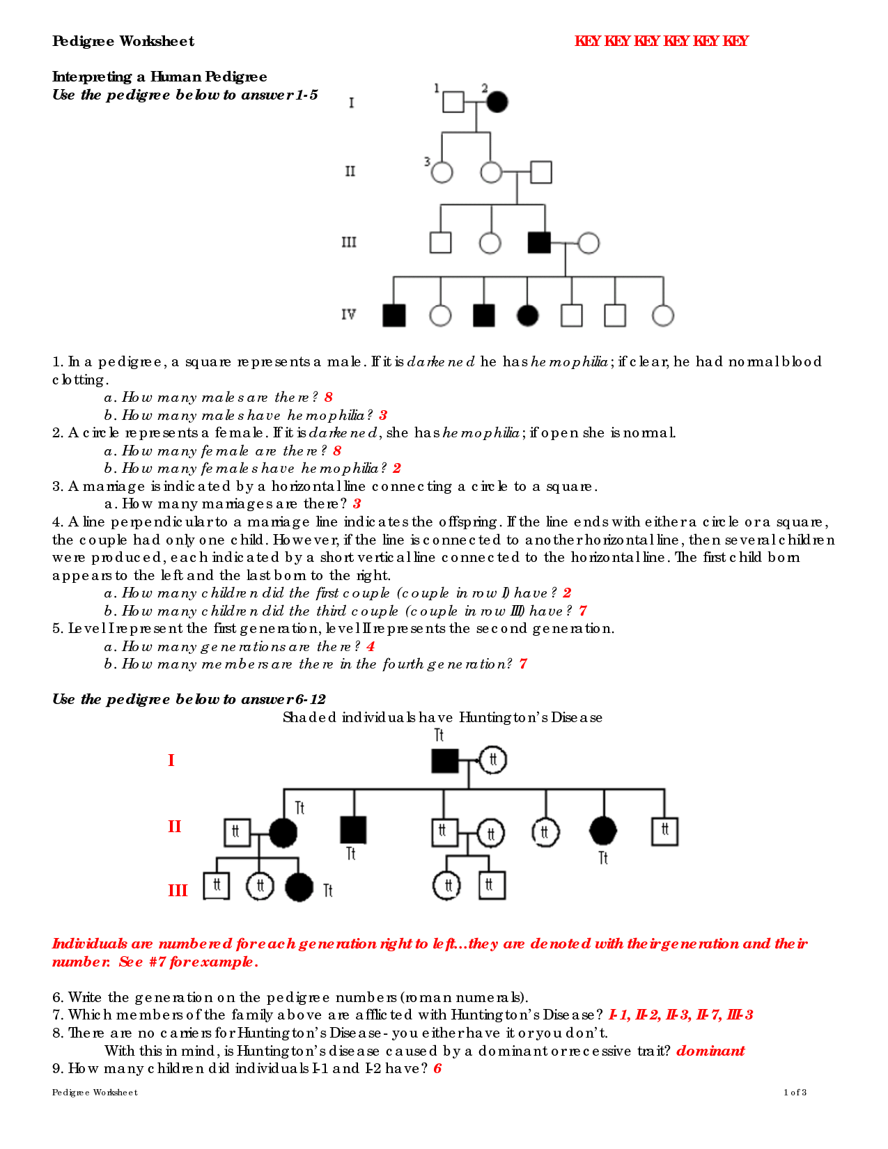 Genetics Pedigree Worksheet Answer Key