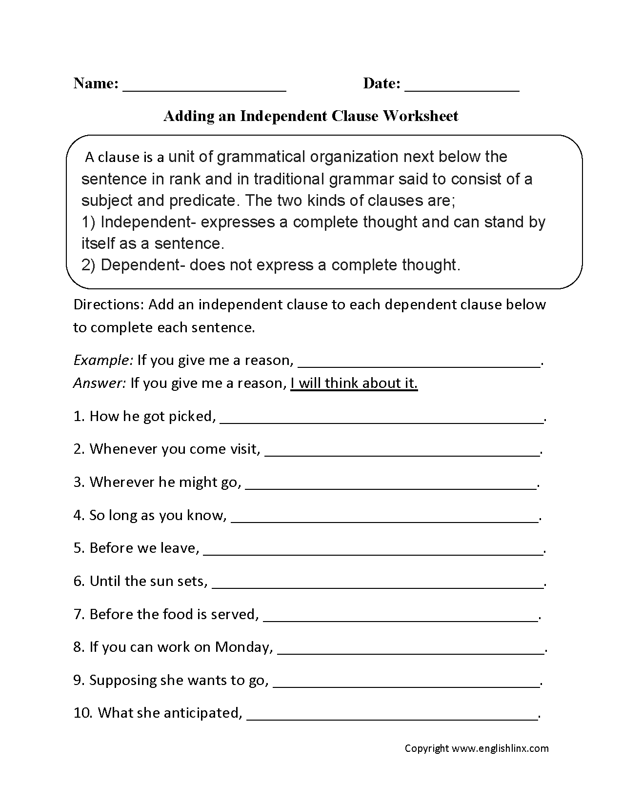 Independent Clause Worksheets