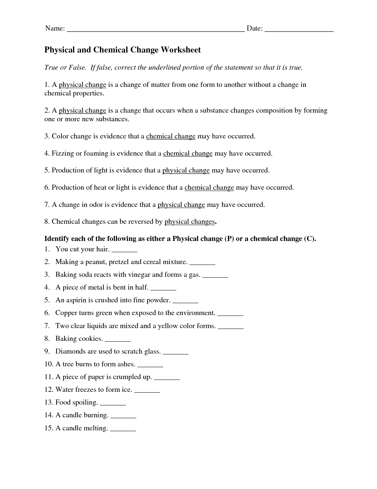 Physical or Chemical Change Worksheet