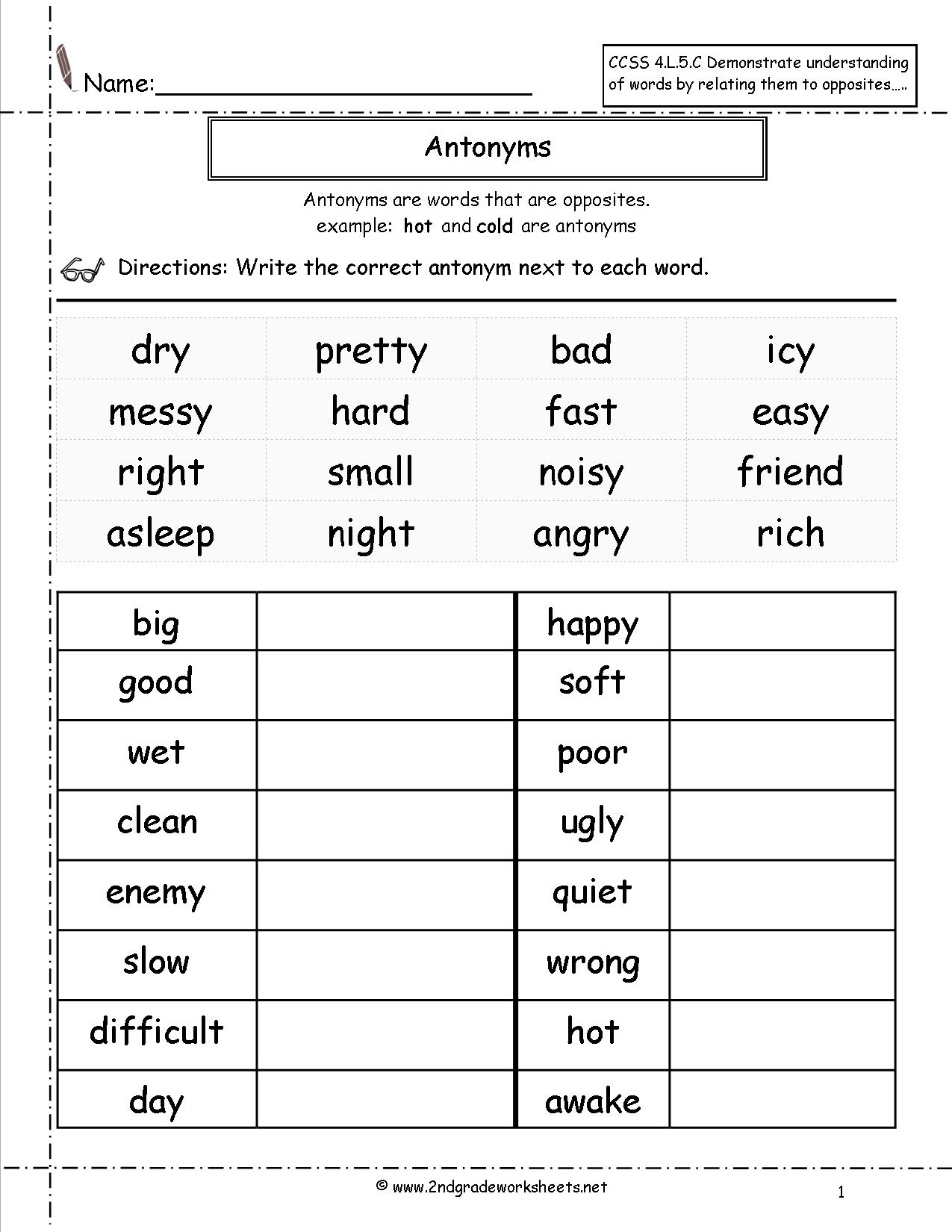 Synonym Antonym Worksheet 2nd Grade