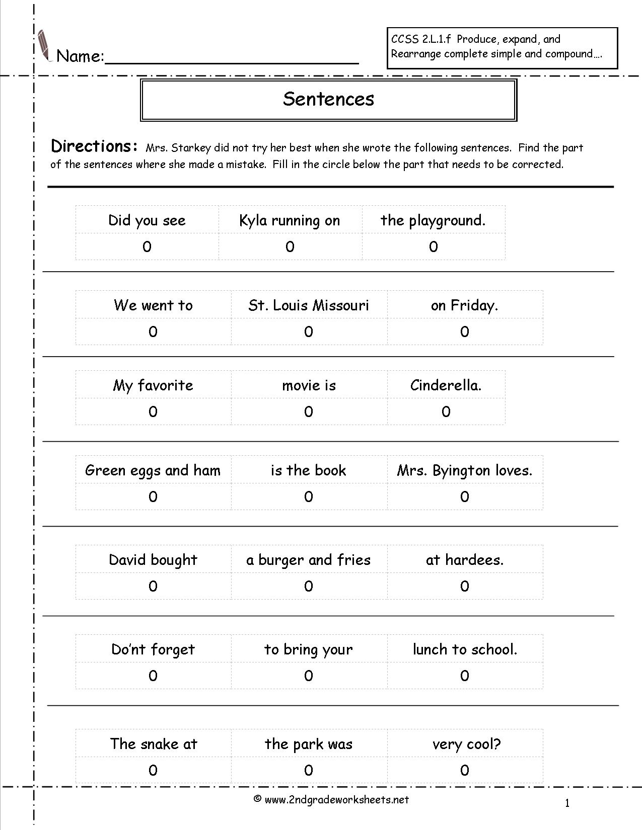 2nd Grade Sentences Worksheets