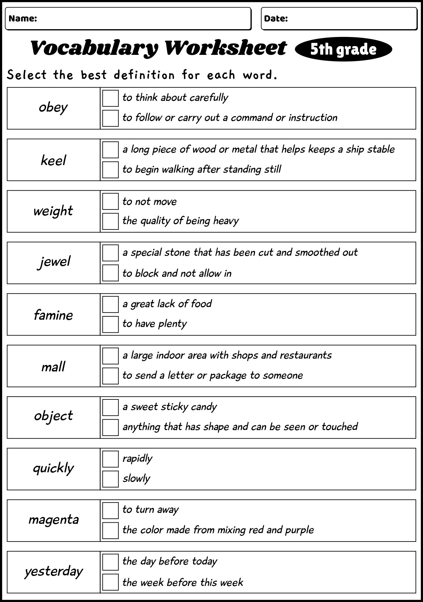 5th Grade Vocabulary Words and Definitions Worksheets