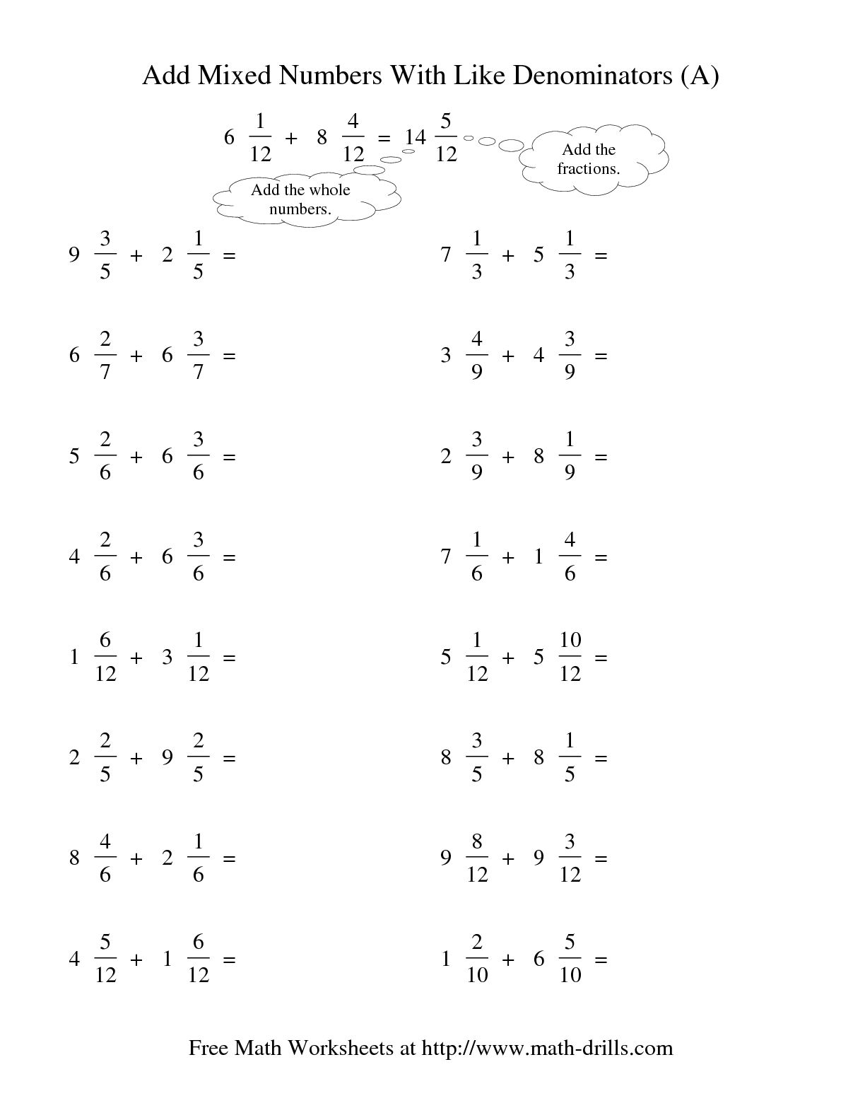 Adding Fractions with Like Denominators Worksheets