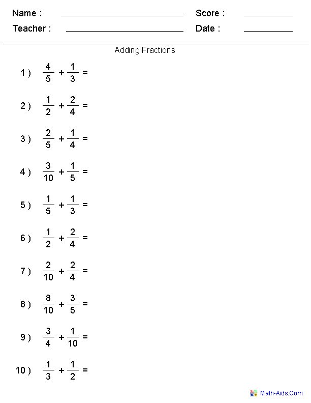 Adding Fractions Worksheets 5th Grade