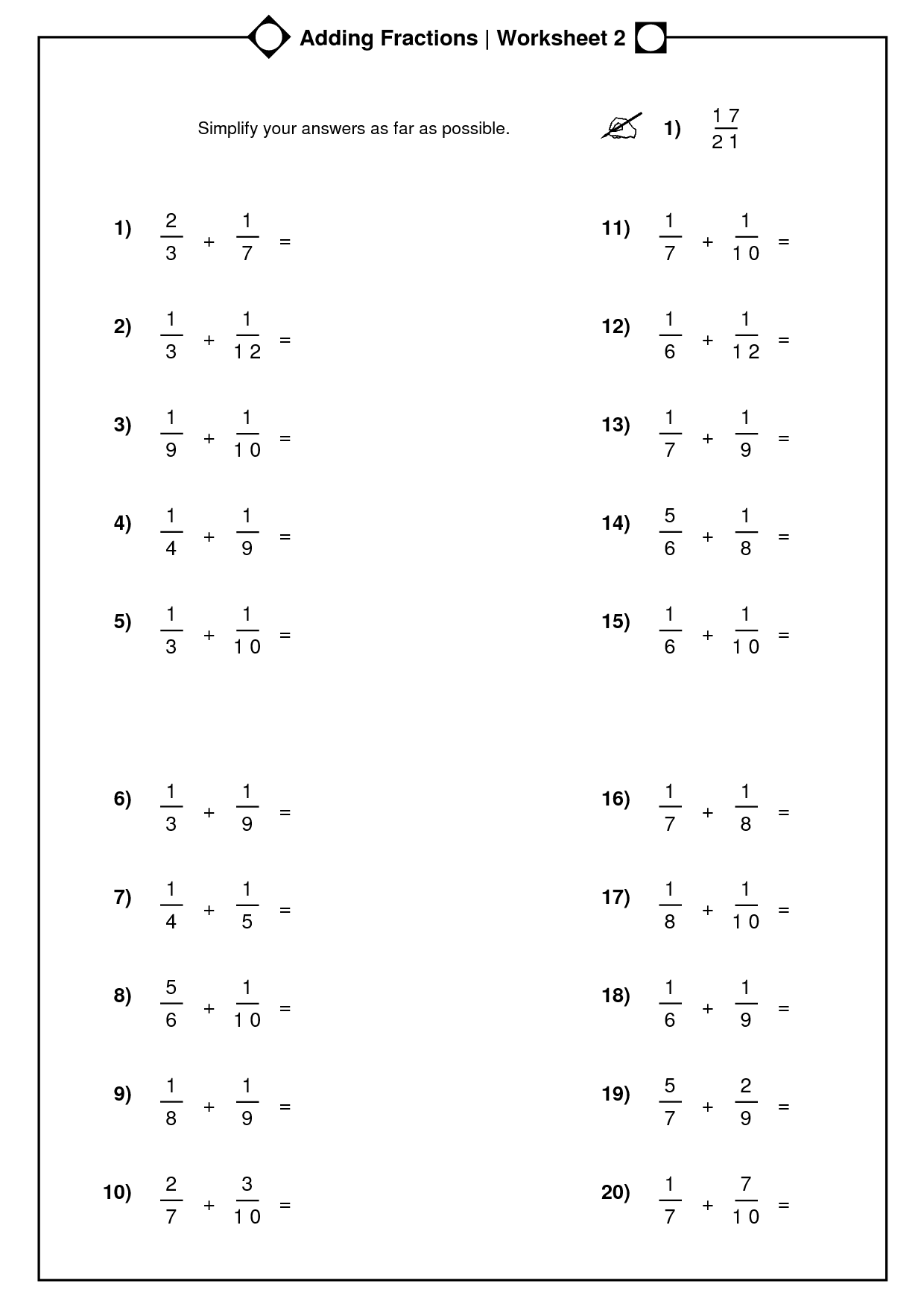 Adding Fractions Worksheets