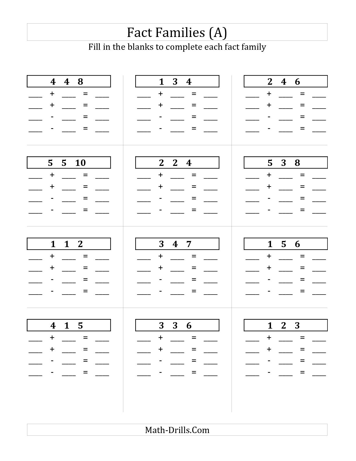 Addition Subtraction Fact Family Worksheet