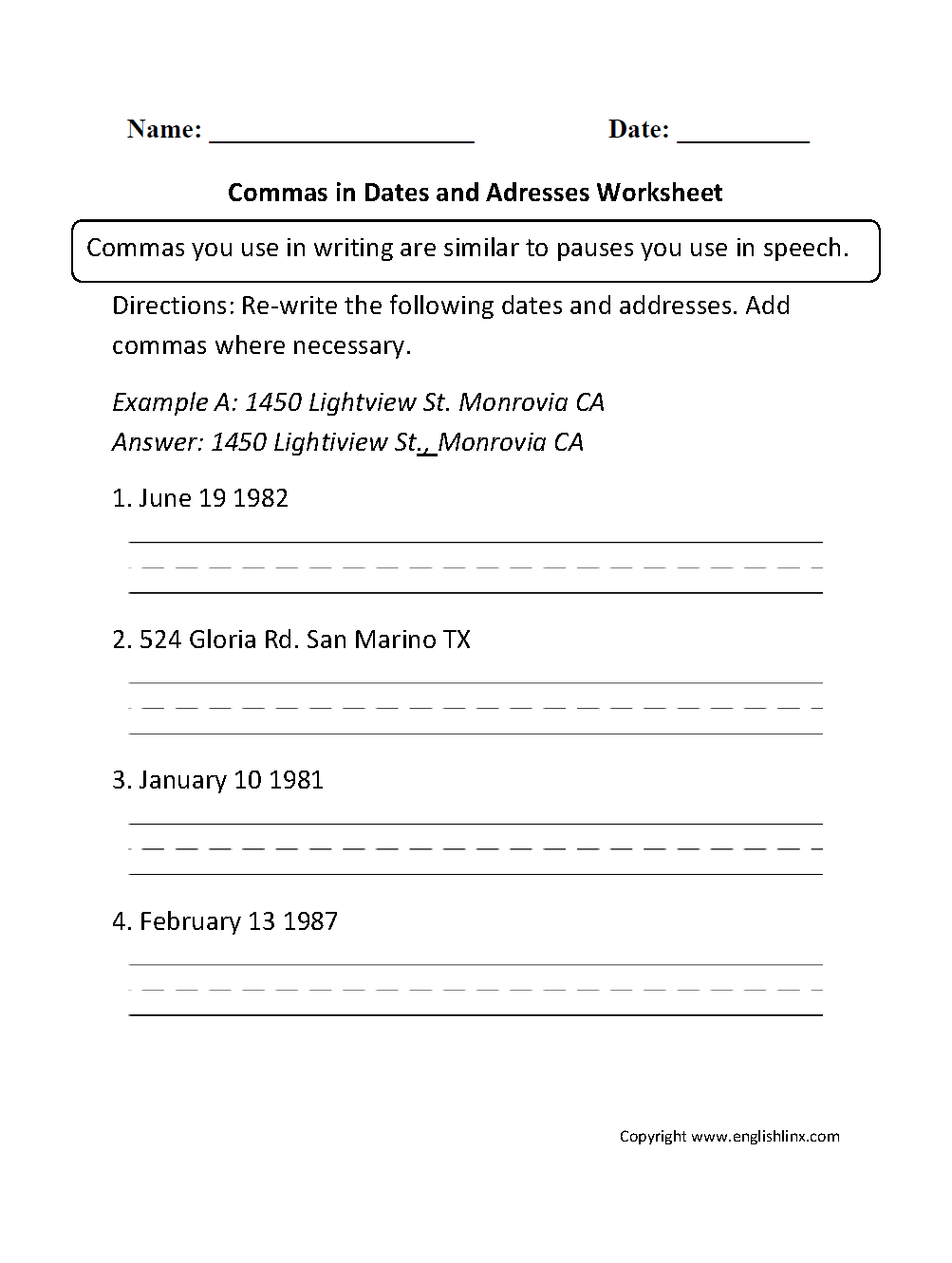 Addresses Com Mas and Dates Worksheet