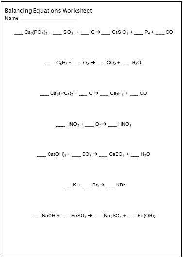 Balancing Chemical Equations Worksheet