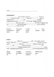 Carbohydrates Proteins Lipids-Fats Worksheet