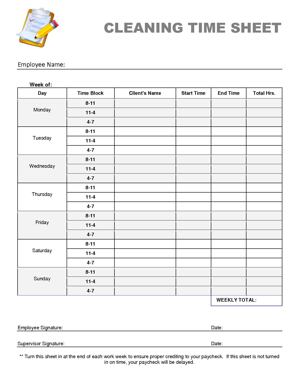 Cleaning Templates Weekly Time Sheets