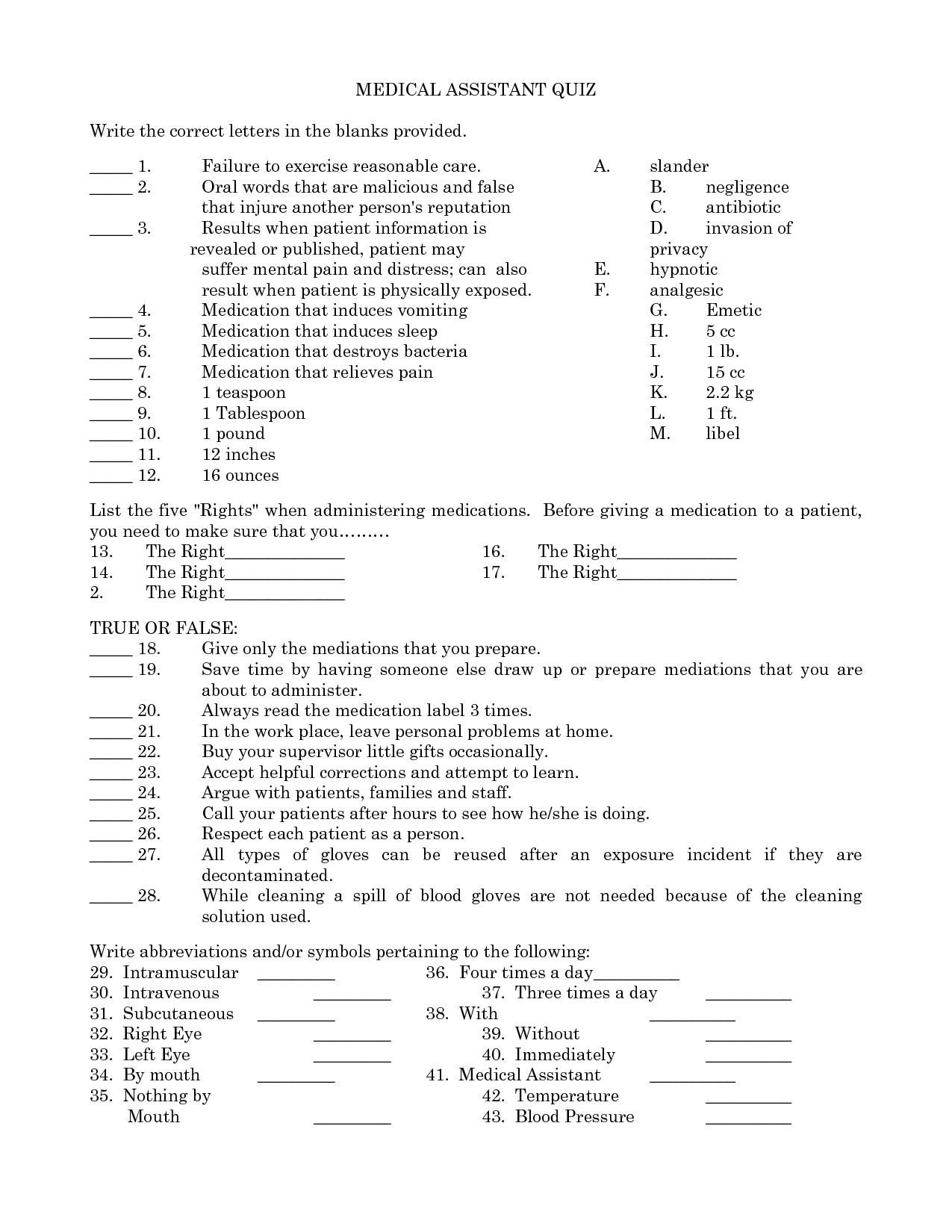 Free Printable Medical Worksheets