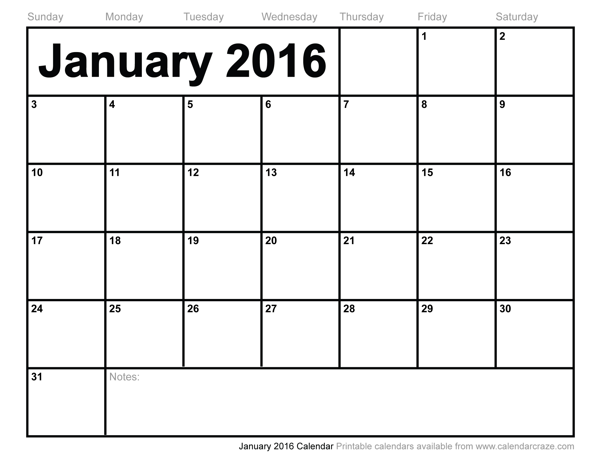 January 2016 Printable Calendar Template