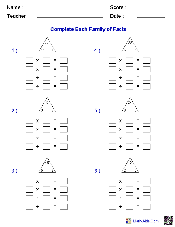 Multiplication Division Fact Family Sheets