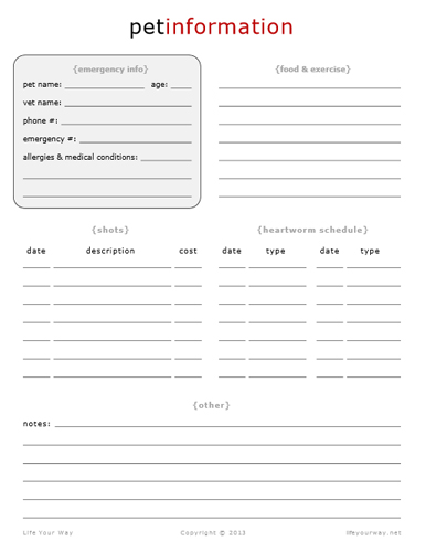 Pet Information Sheet Printable