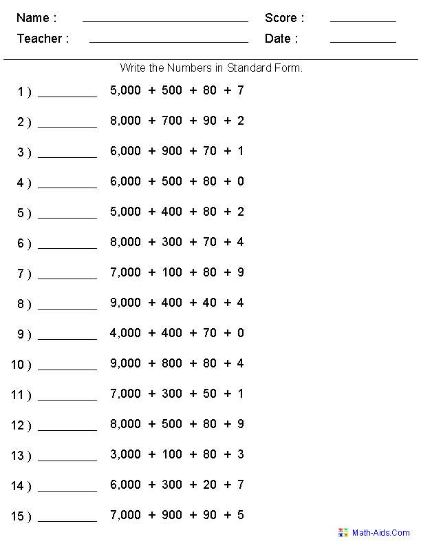 Standard Form Place Value Worksheets