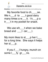 Vowel Digraphs Ee EA Worksheets