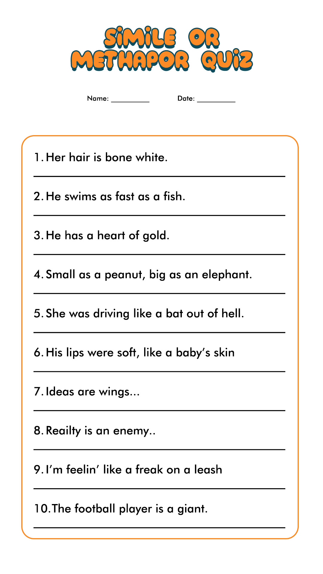 Free Printable Fourth Grade Metaphor Simile Worksheet