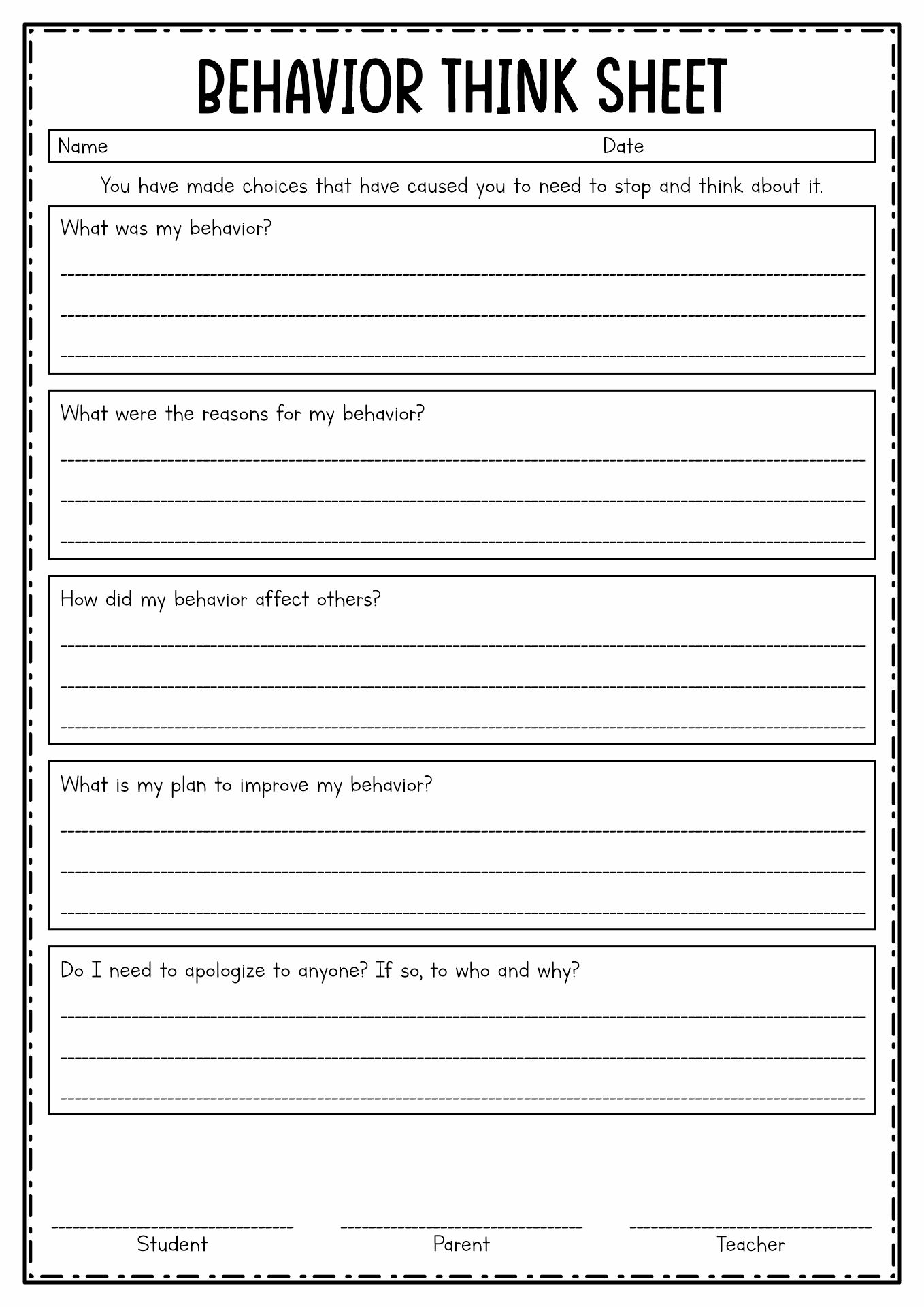 16 Think Sheet Behavior Worksheets Worksheeto