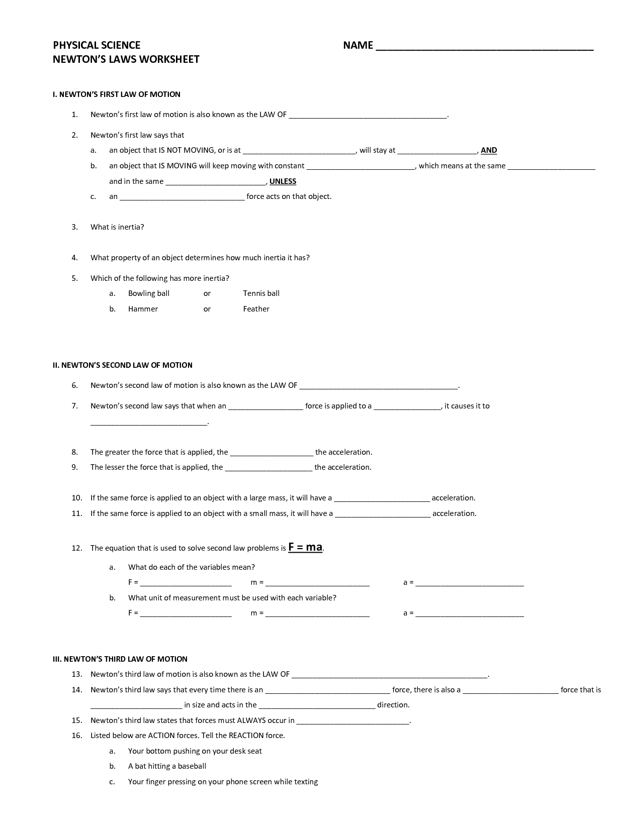 Newtons Laws Worksheet