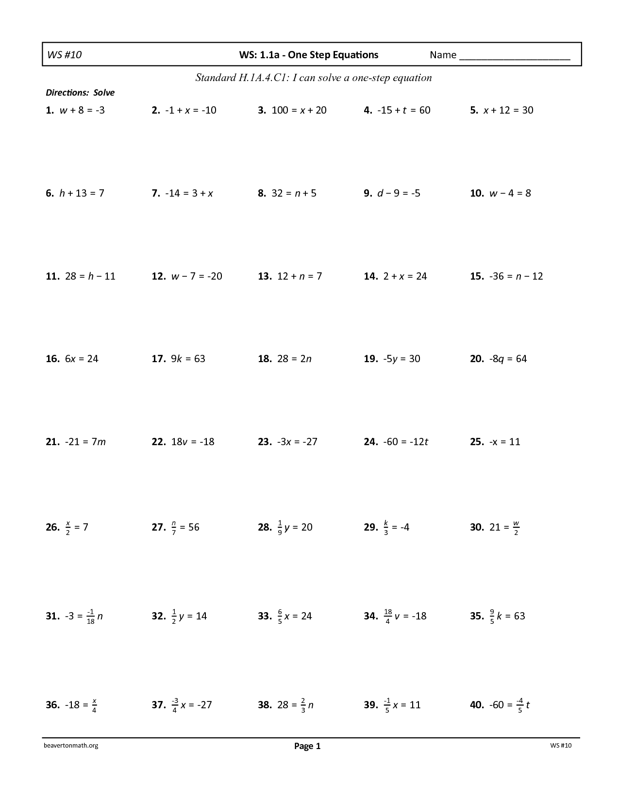 One Step Equations Worksheets