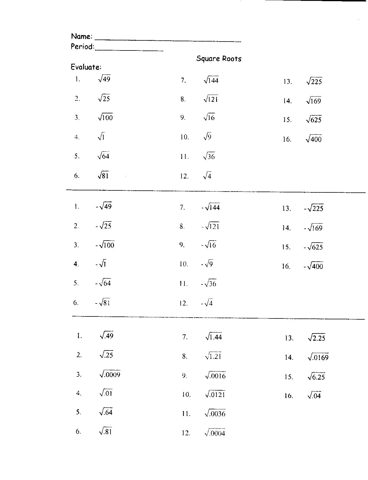 Perfect Square Roots Worksheet