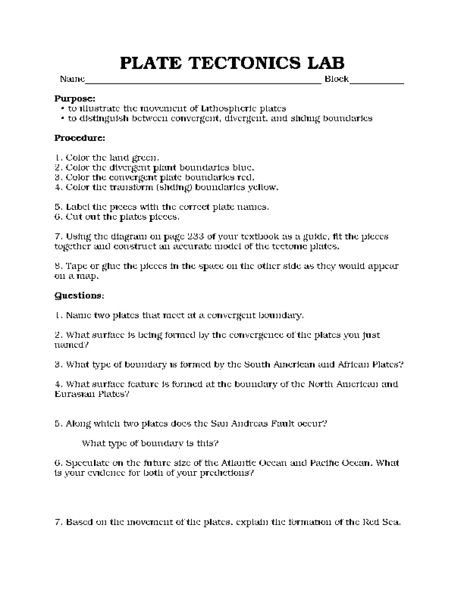 Plate Tectonics Worksheet Answers