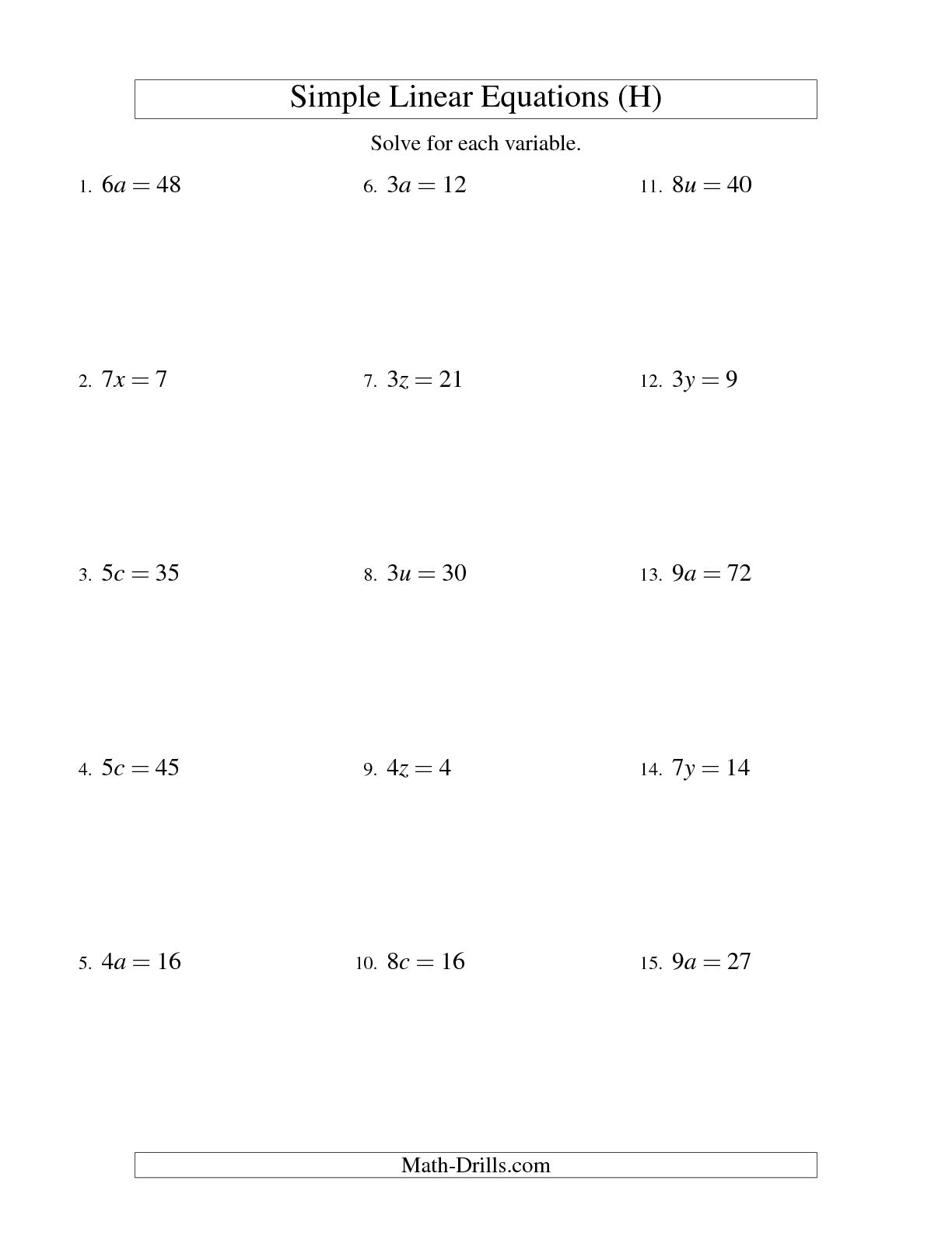 Solving Linear Equations Worksheets