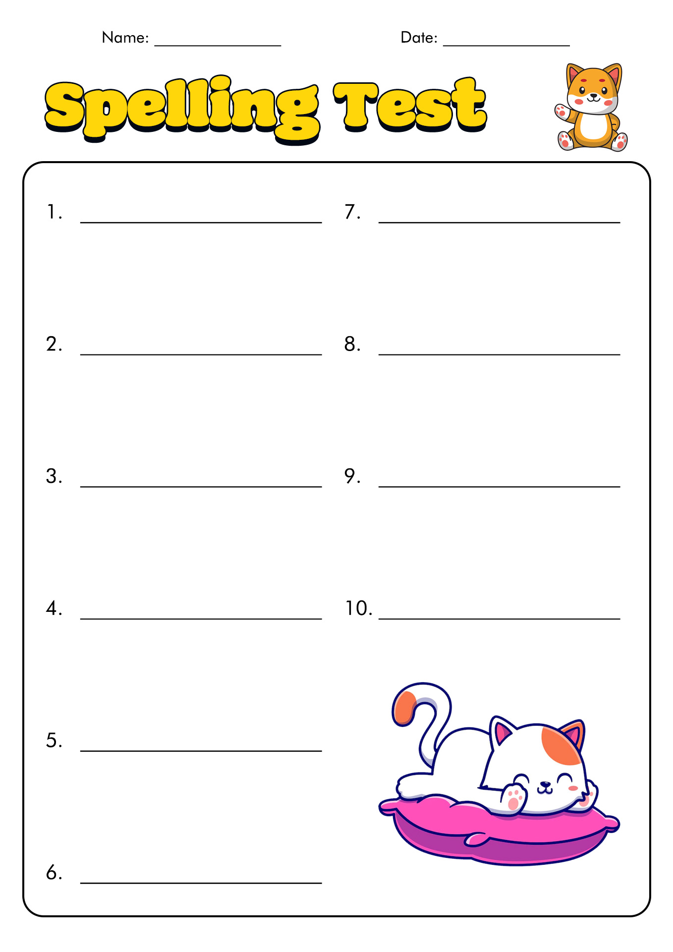 Spelling Test Sheet Template