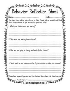 Student Behavior Reflection Sheet