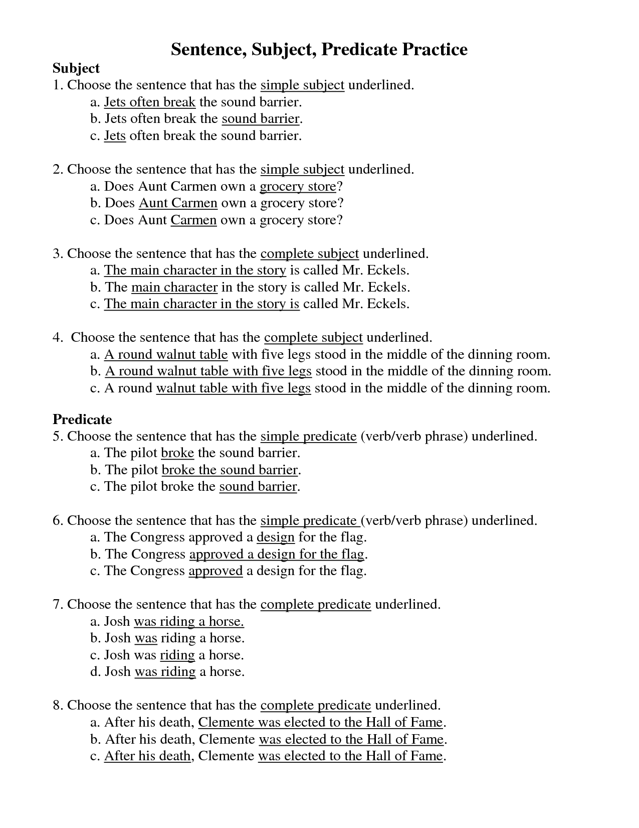 Subject and Predicate Worksheets