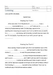 Dental Care Printable Worksheet