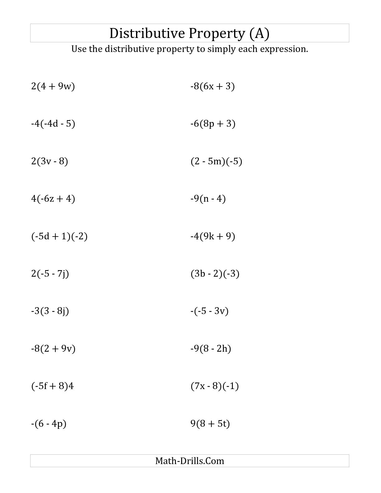 Distributive Property Math Algebra Worksheets