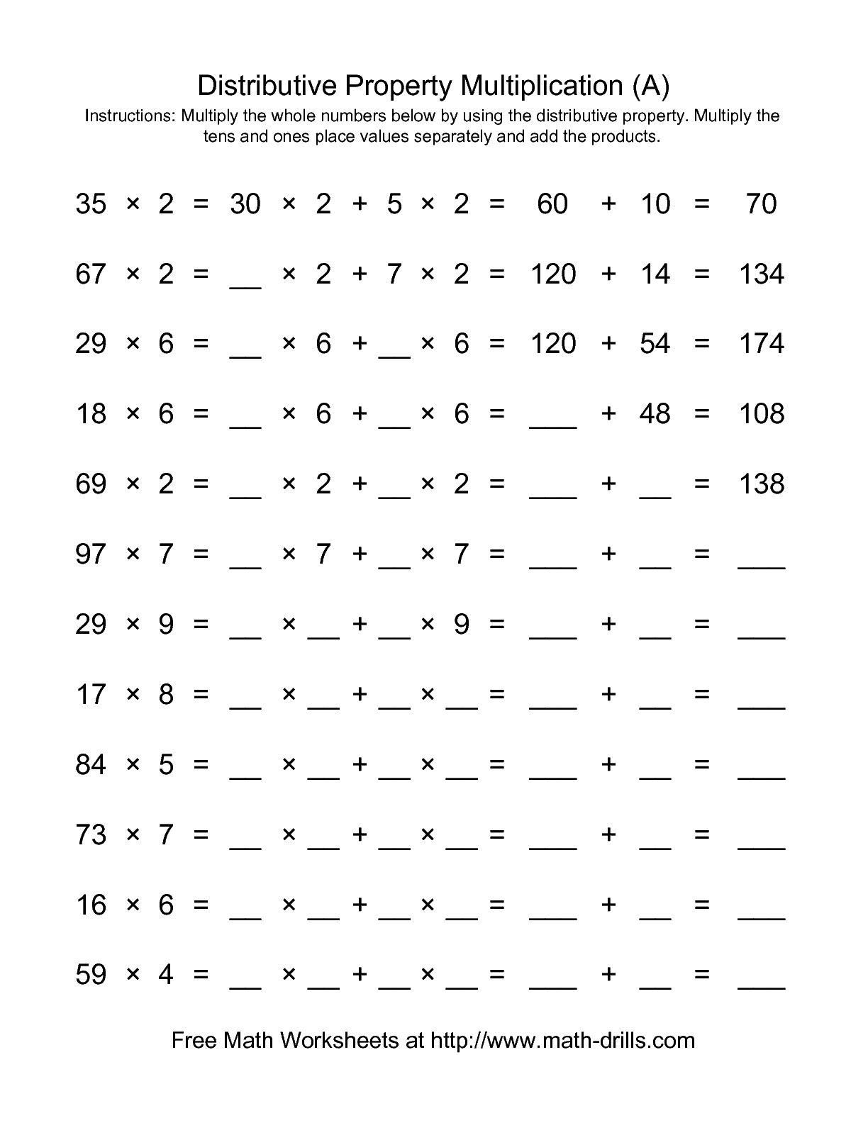 Distributive Property Worksheets with Multiplication