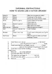 English Contractions Worksheets