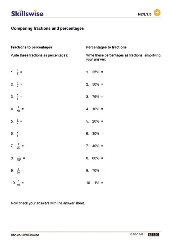 Fractions to Percentages Worksheets