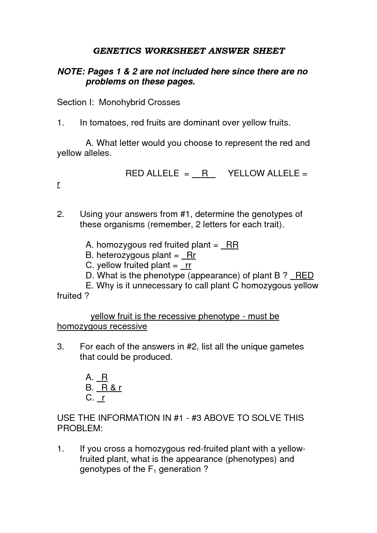 Genetics Monohybrid Crosses Worksheet Answer Key