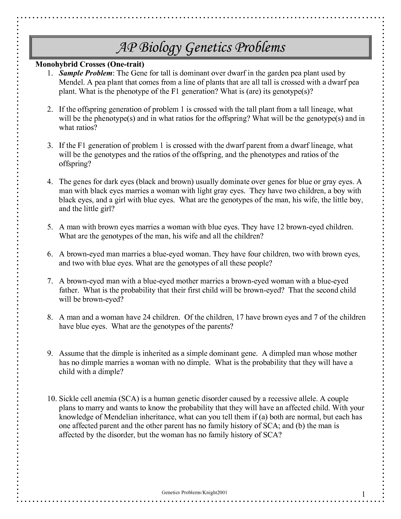 Genetics Problems Worksheet Answer Key